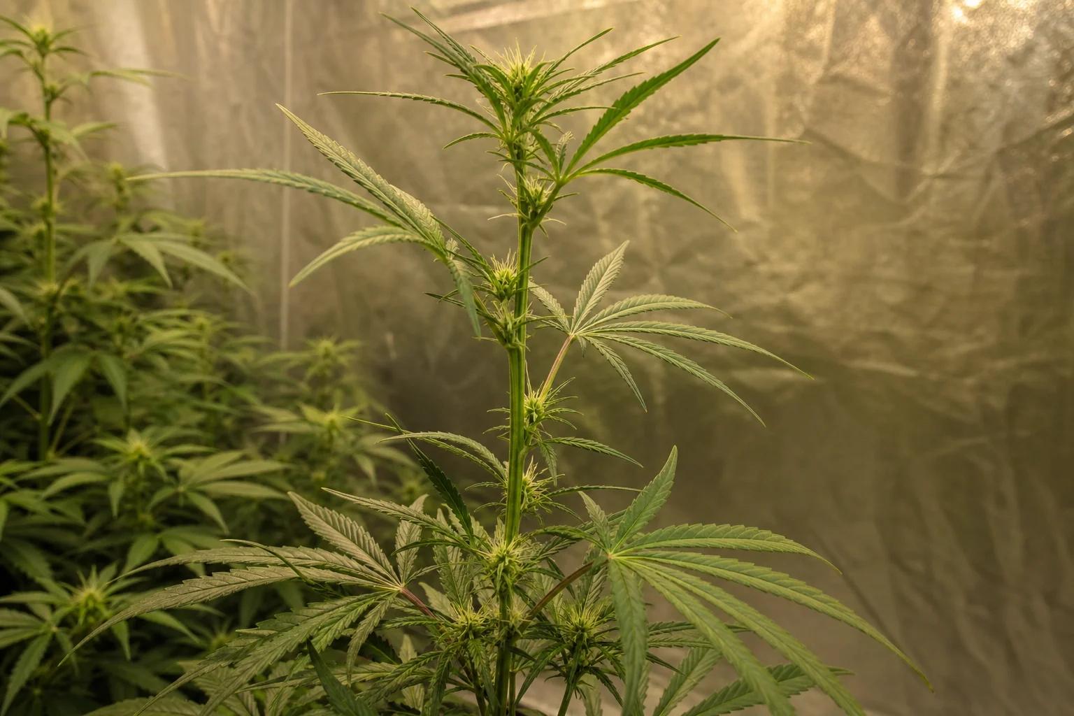 Plant de cannabis en phase d’étirement de début de floraison