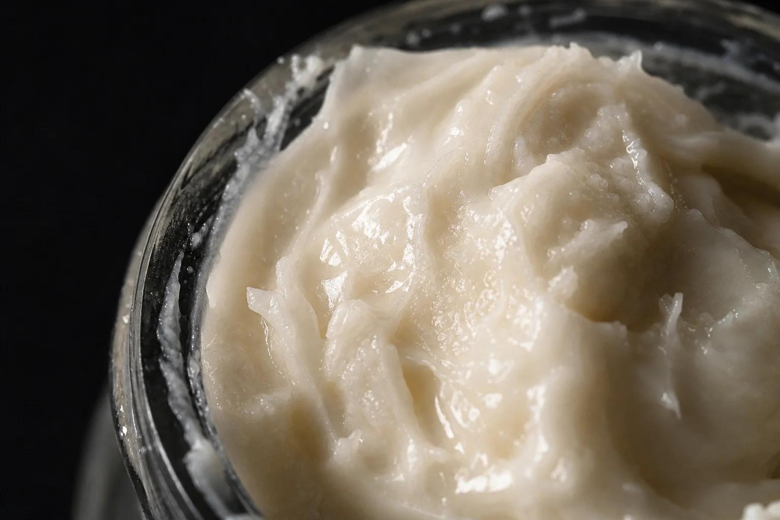 Macro of creamy white cannabis rosin badder texture