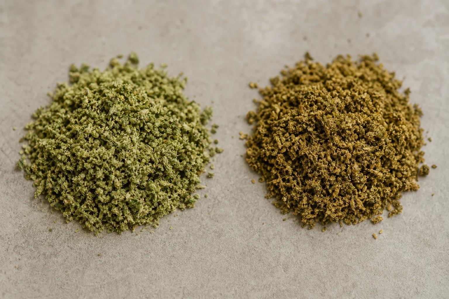 Cannabis before and after decarboxylation showing the color change