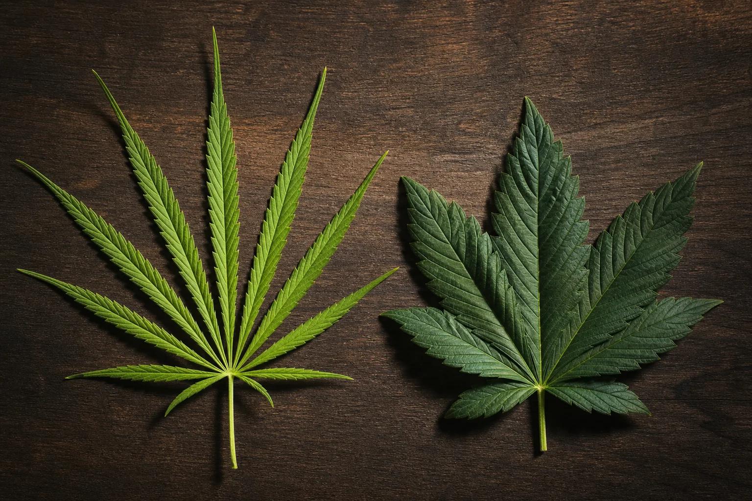 Narrow sativa cannabis leaf beside a broad indica leaf comparison