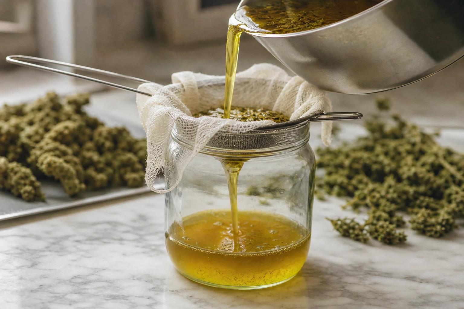 Filtrage du beurre de cannabis à travers une étamine dans un pot en verre