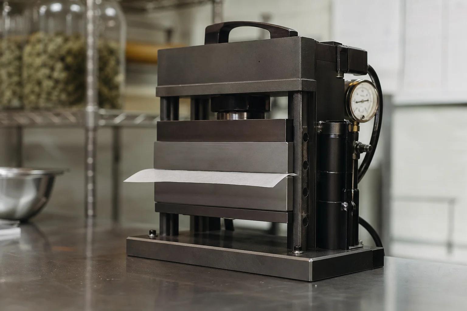 Hydraulic rosin press making solventless cannabis rosin