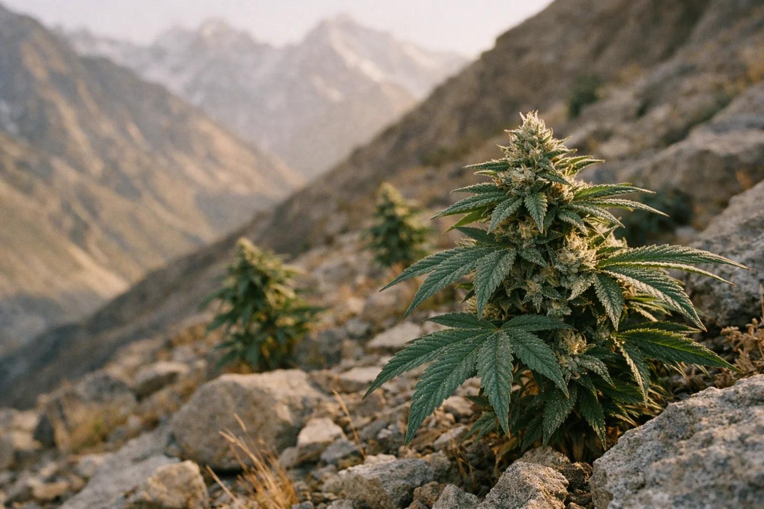 Hindu Kush mountain landscape with wild indica landrace plants at altitude, late afternoon golden light