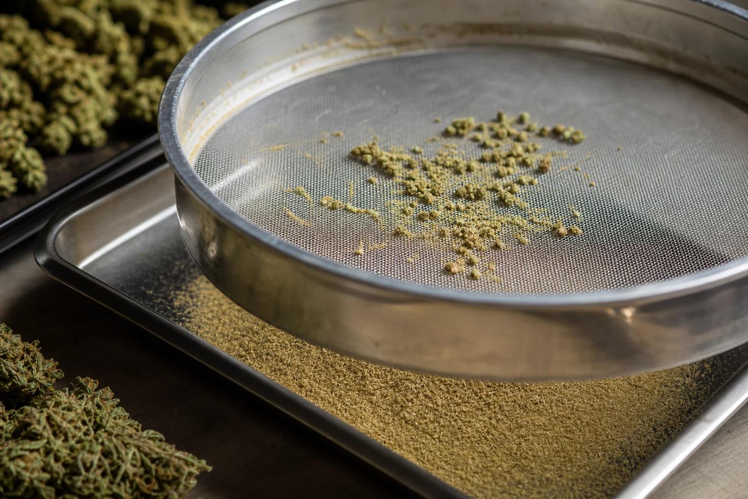 Cannabis kief sifted onto a collection tray through a fine screen