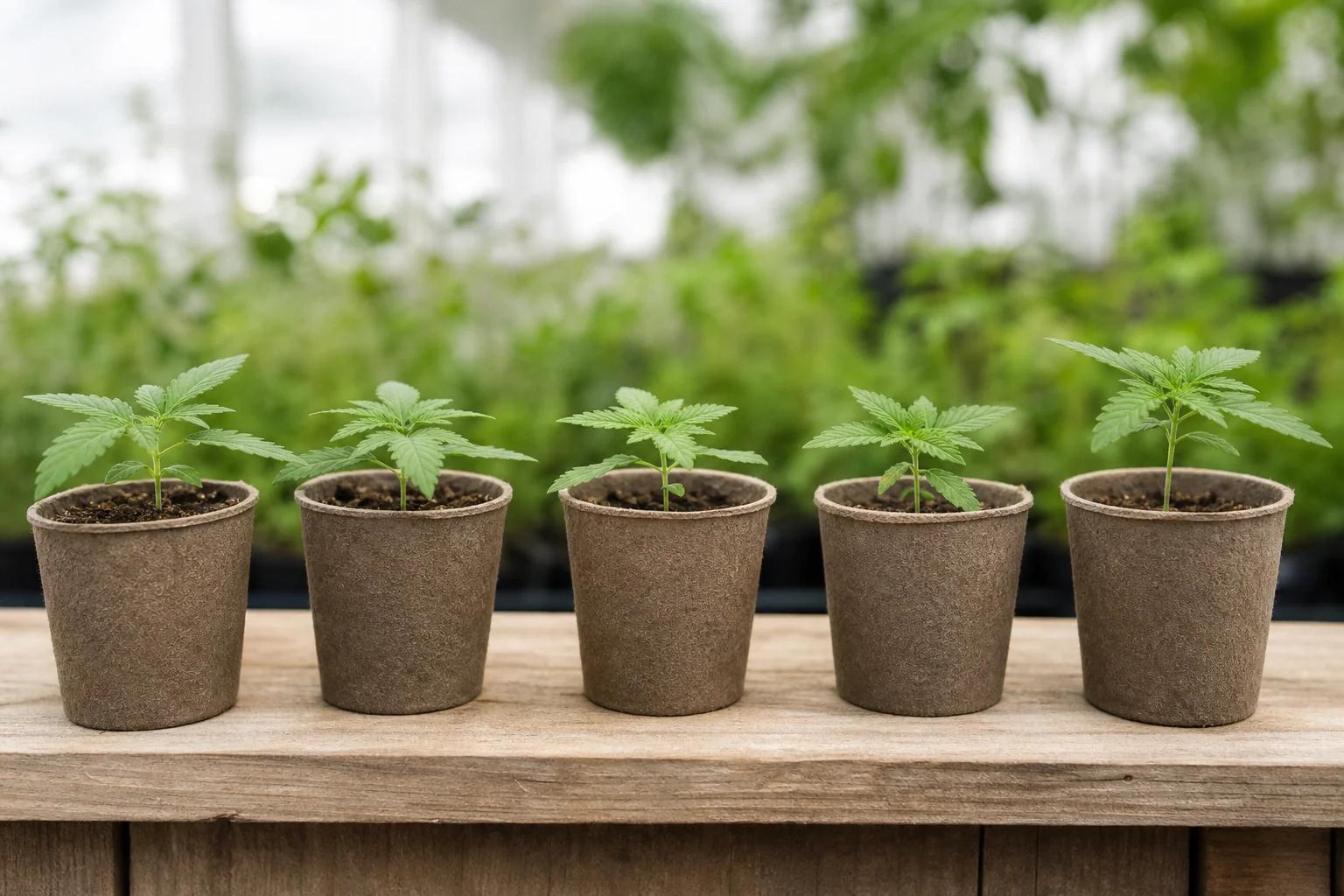 Rangée de jeunes semis de cannabis en pots de départ