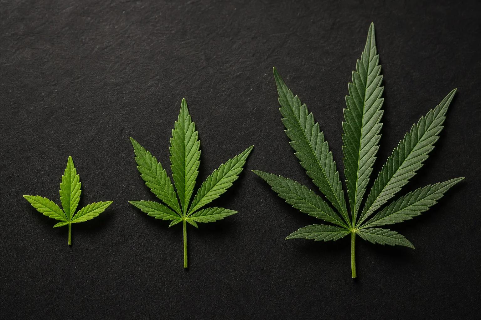 Cannabis leaves showing 3, 5 and 9 leaflet count progression