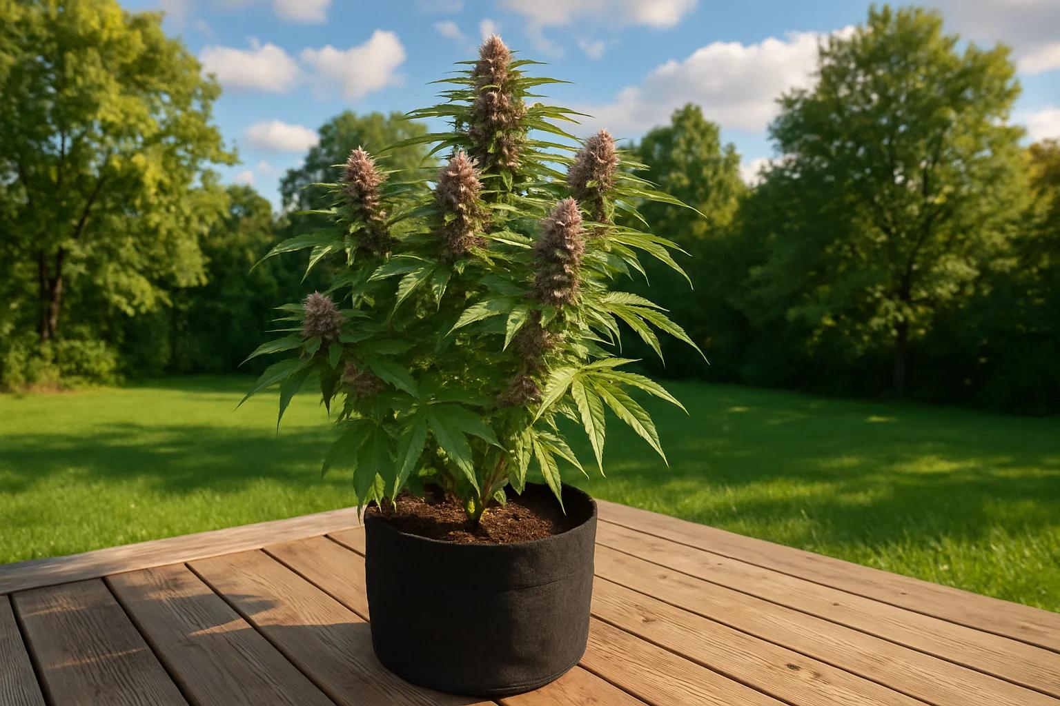 Plante de cannabis mi-août dans un jardin canadien, pot textile sur une terrasse, environnement estival luxuriant, stade de mi-floraison