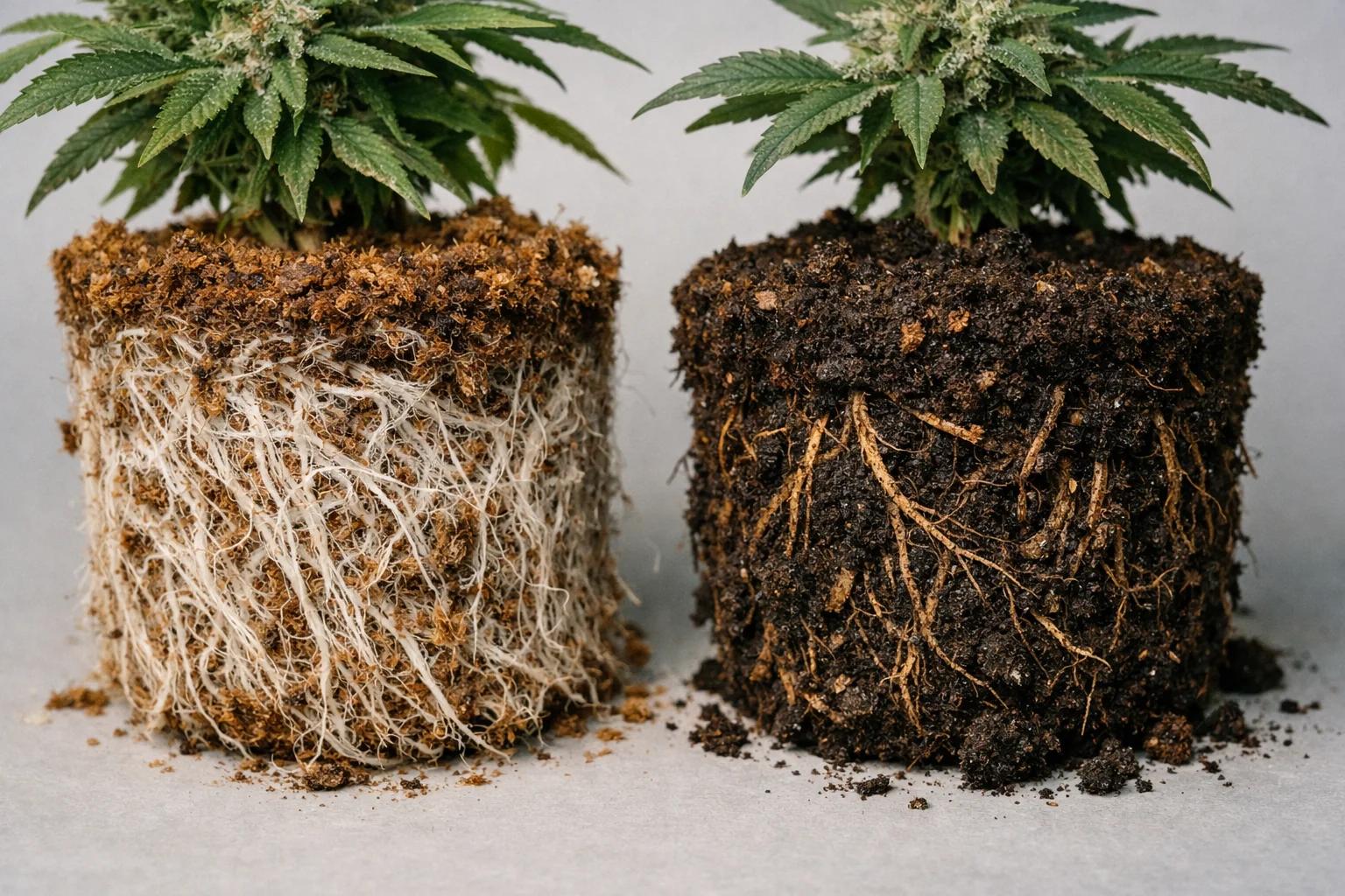 Cannabis roots in coco vs soil — editorial macro photo