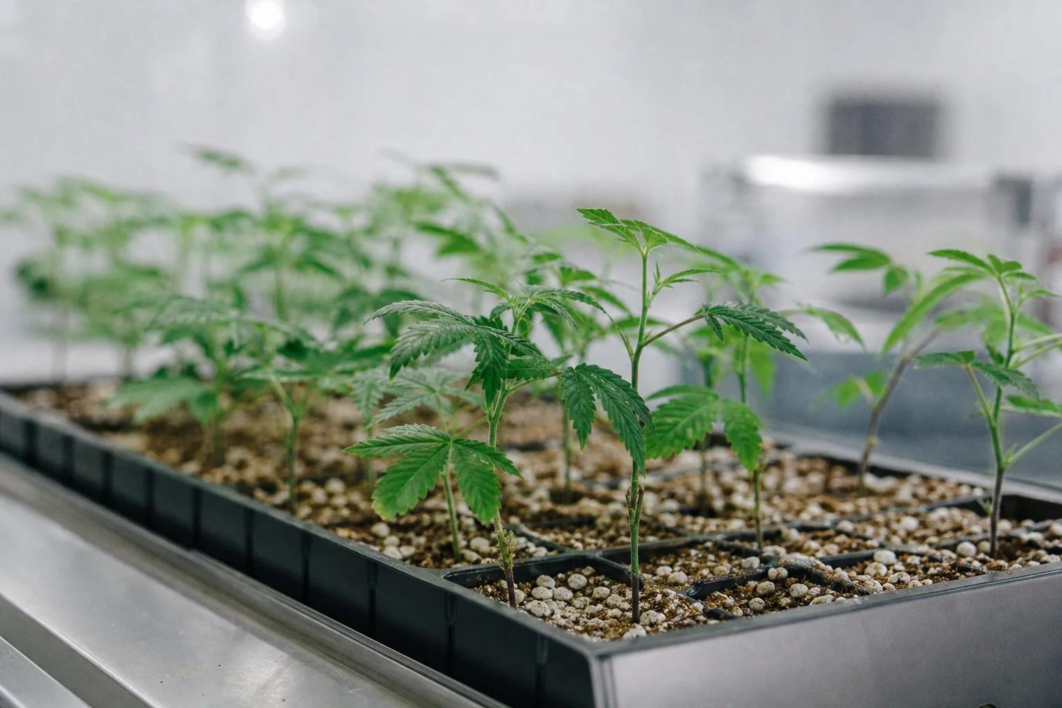 Young cannabis plantlets on a breeding propagation bench