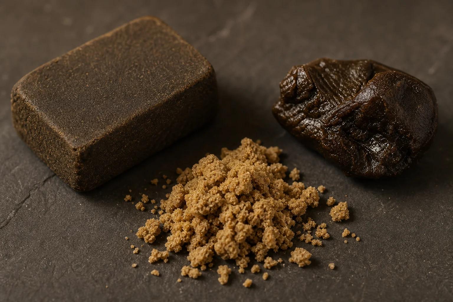Différents types de hash de cannabis — pressé, bubble et frotté à la main
