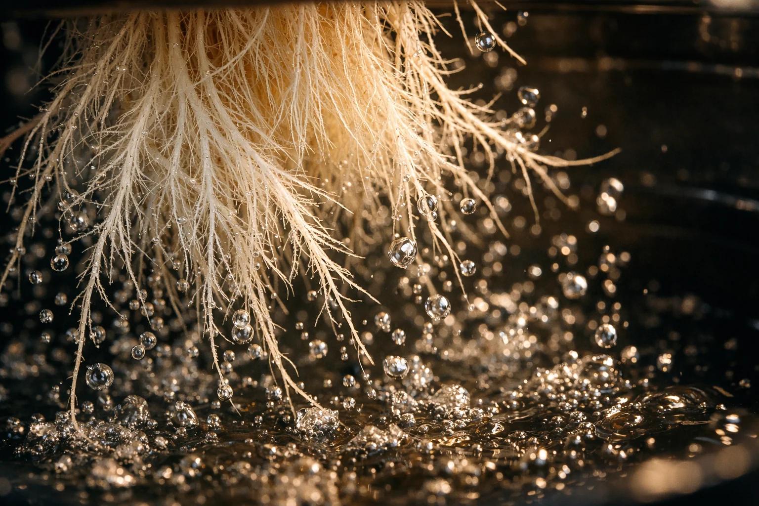 Racines de cannabis blanches saines dans une eau DWC oxygénée