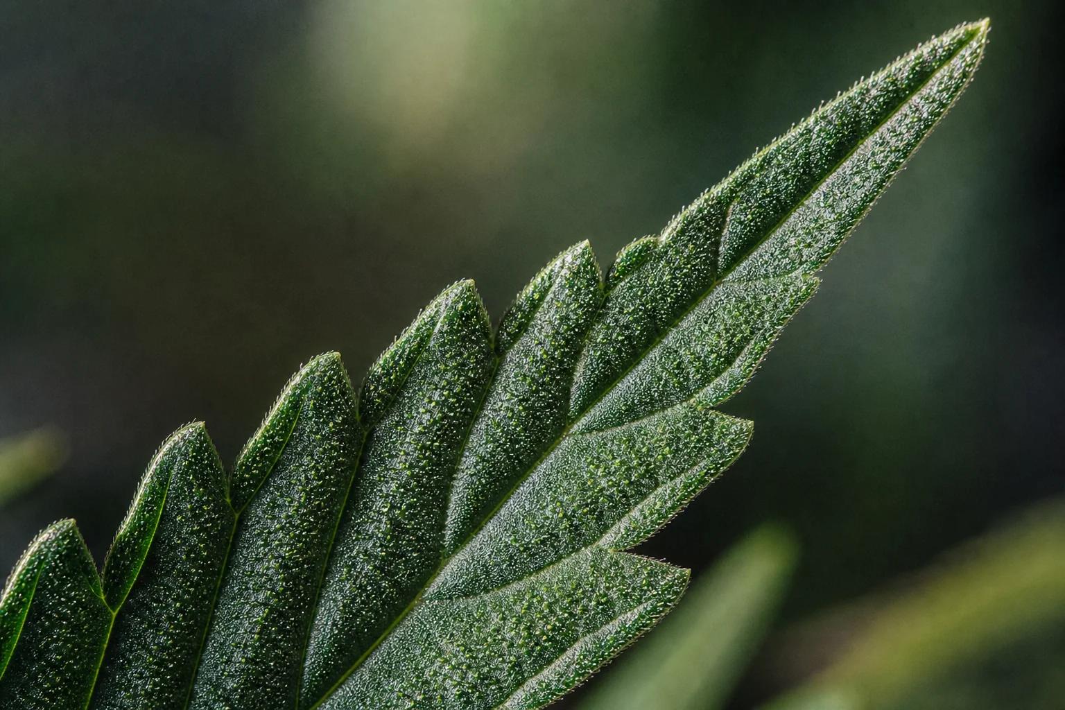 Macro of cannabis leaf serration and surface trichomes