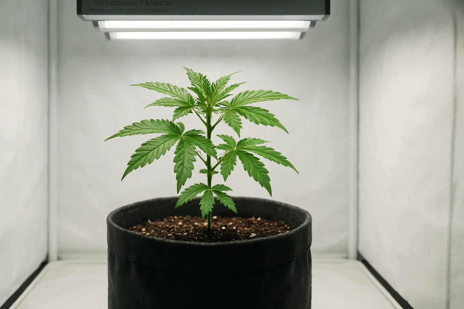 Plant de cannabis sain de 3 semaines dans un pot textile de 5 gallons sous éclairage T5 dans une installation domestique intérieure propre