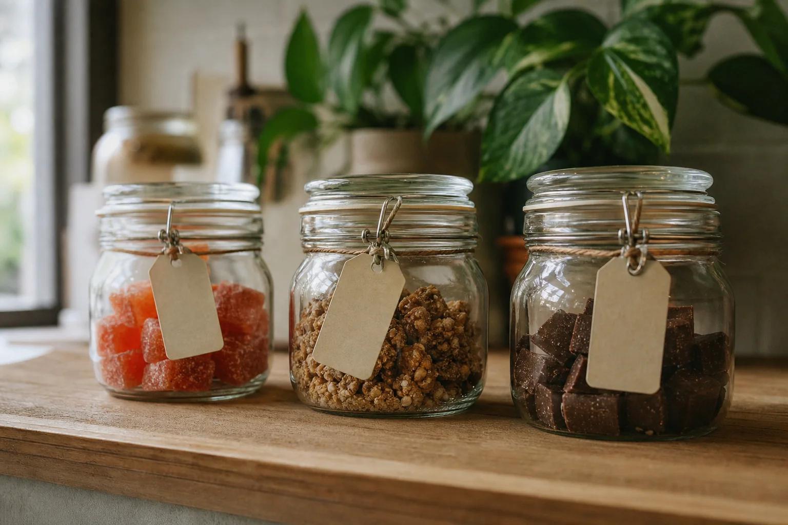 Labeled glass jars storing cannabis edibles for shelf life