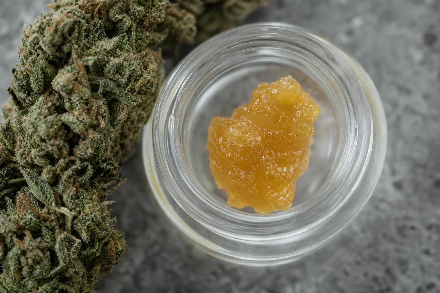 Glass dish holding golden cannabis concentrate ready to dab