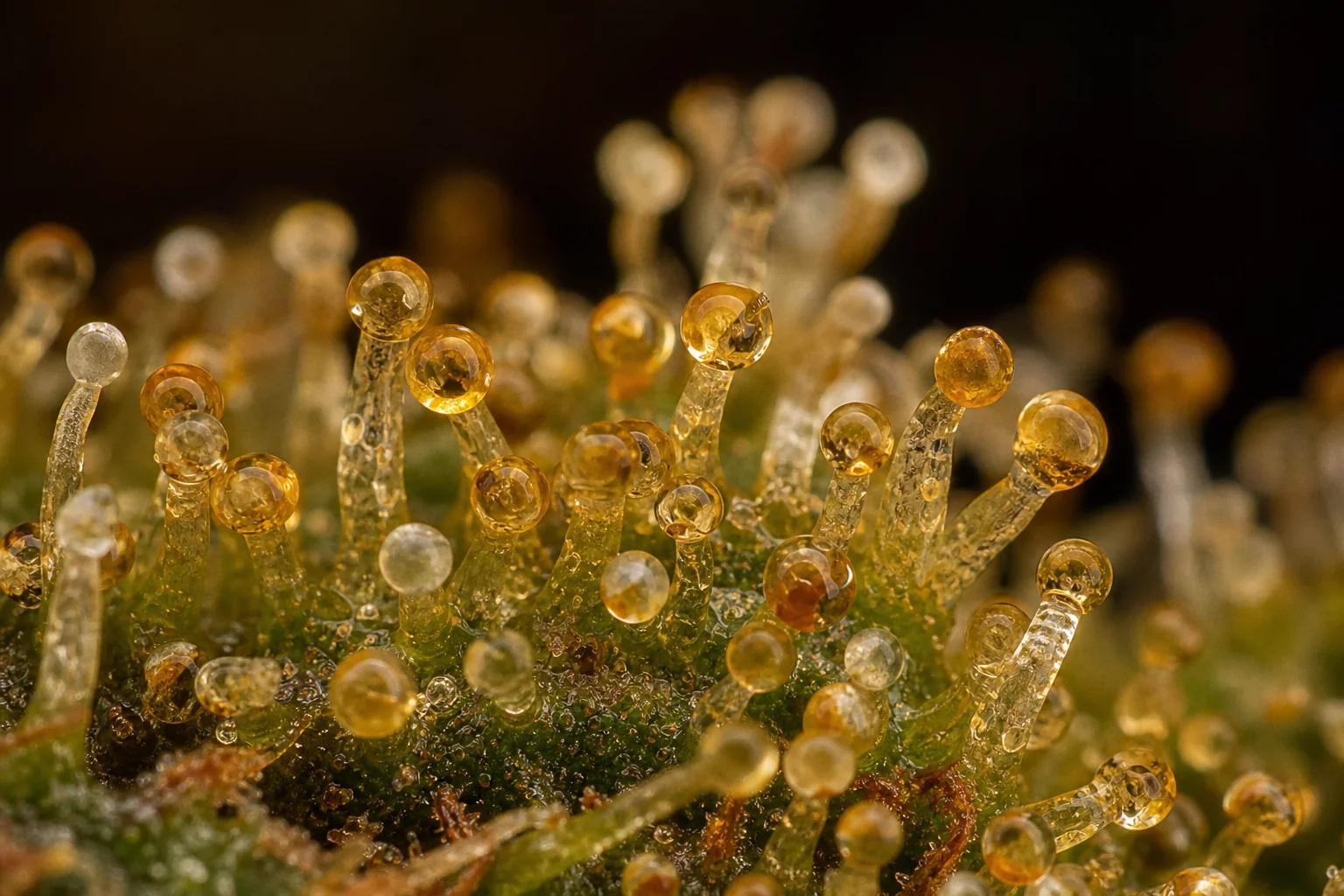 Macro of amber cannabis trichomes at late ripeness
