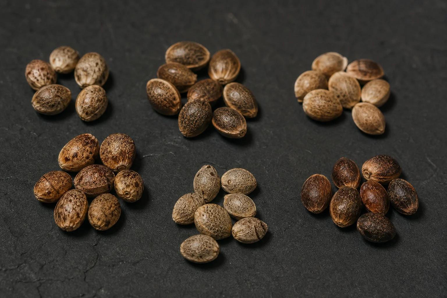 Différents types de graines de cannabis en disposition macro