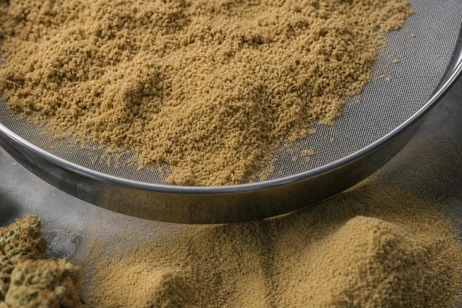 Kief doré tamisé à sec récolté sur tamis fin pour faire du hash