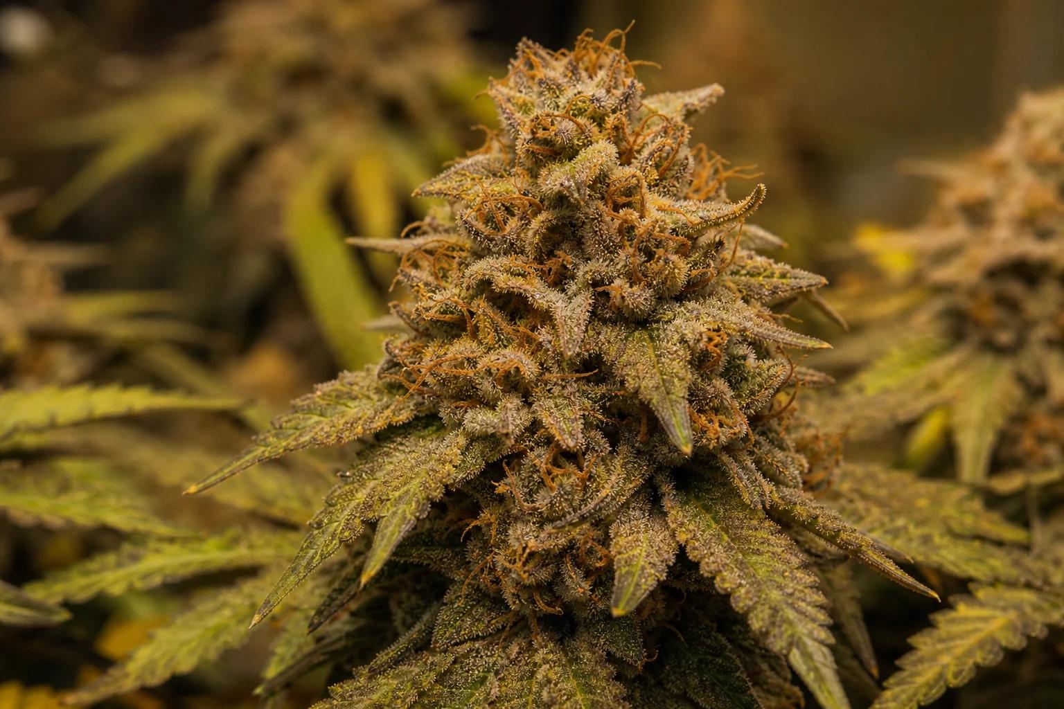 Mature amber cannabis pistils curled into swollen calyxes