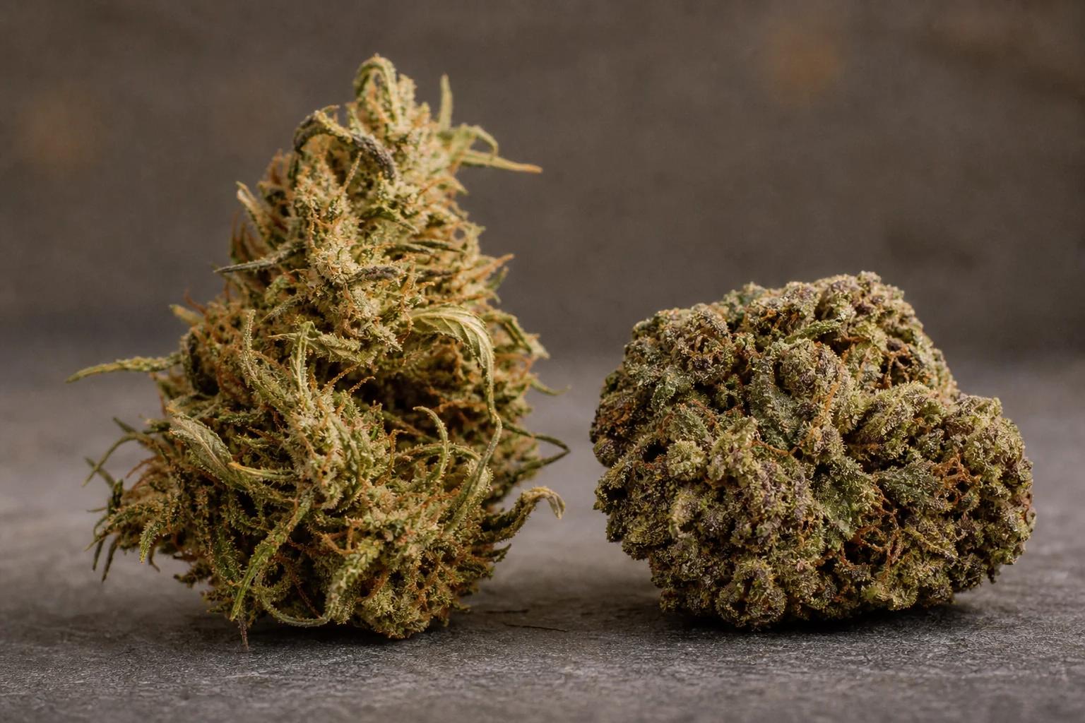 Airy sativa cannabis bud beside a dense indica bud