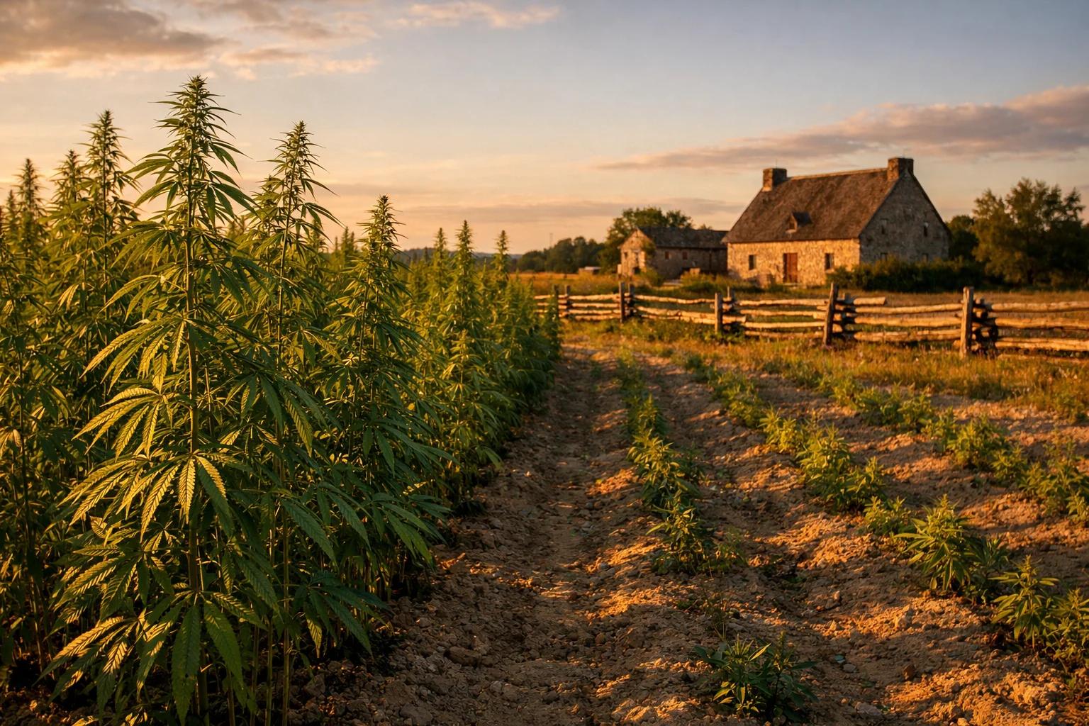 Colonial-era hemp field in New France at sunset