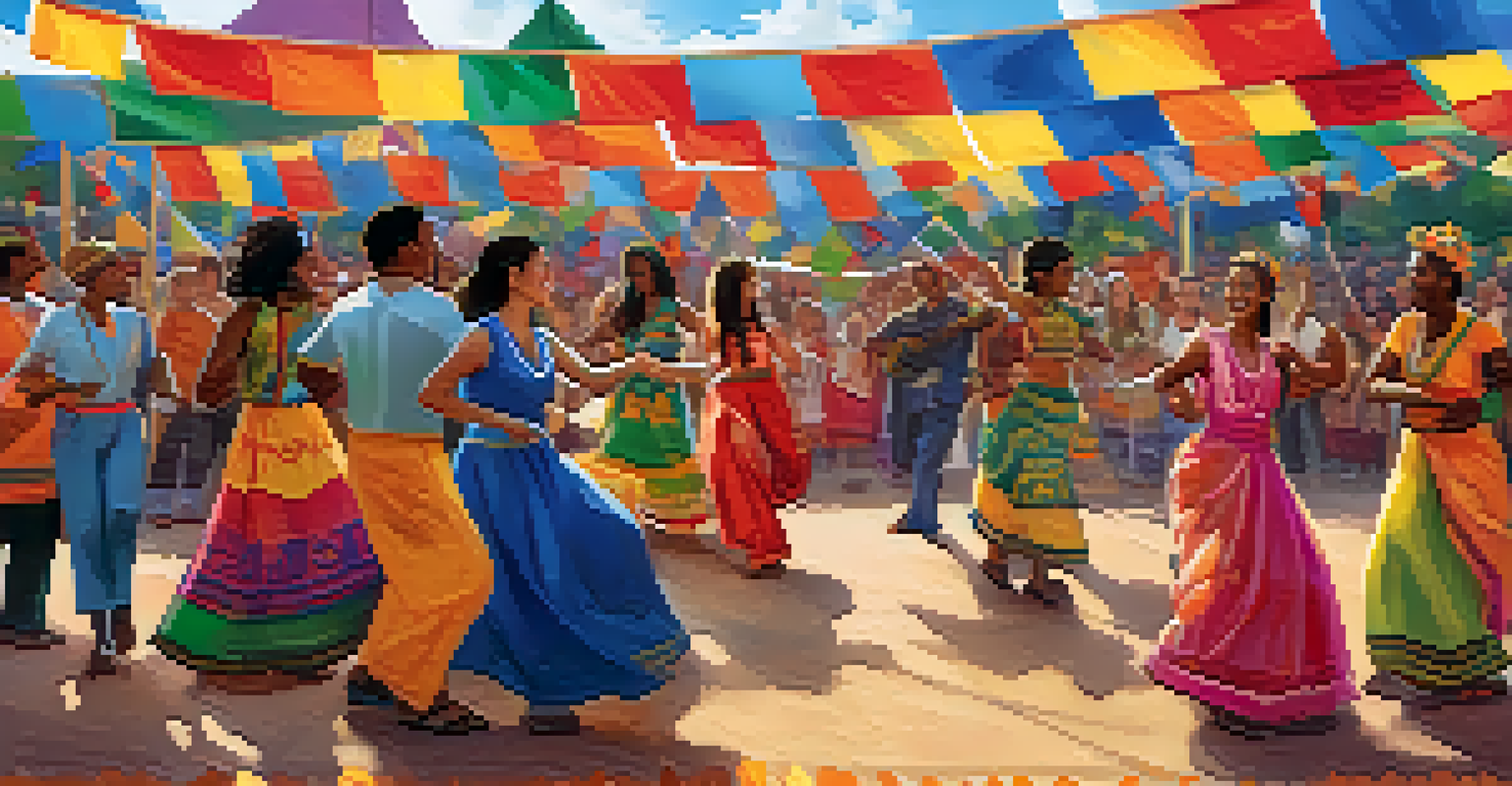 A vibrant multicultural festival with people dancing, sharing food, and colorful flags creating a sense of unity.