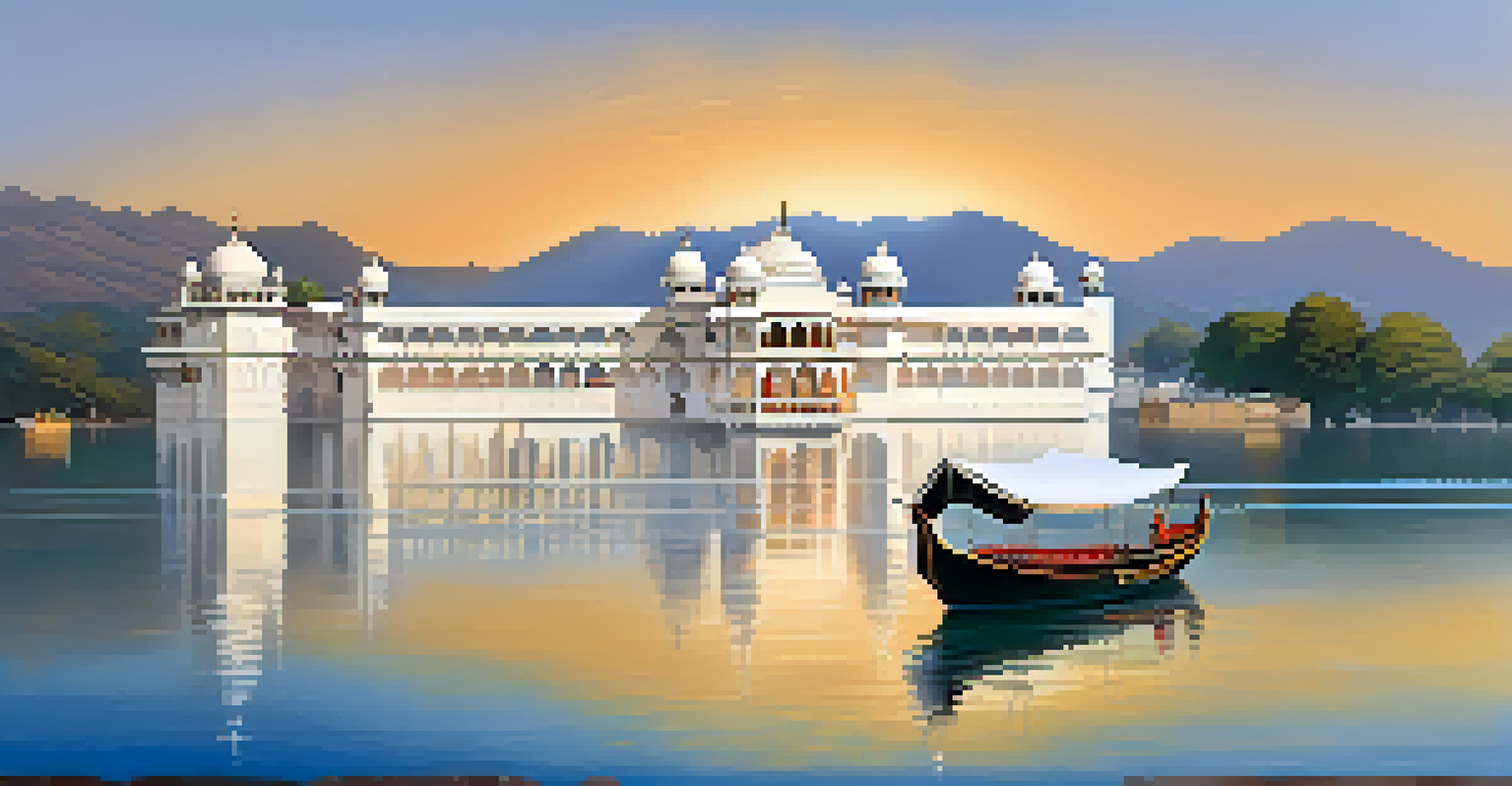 The stunning Taj Lake Palace in Udaipur at dawn, surrounded by calm waters and mountains.