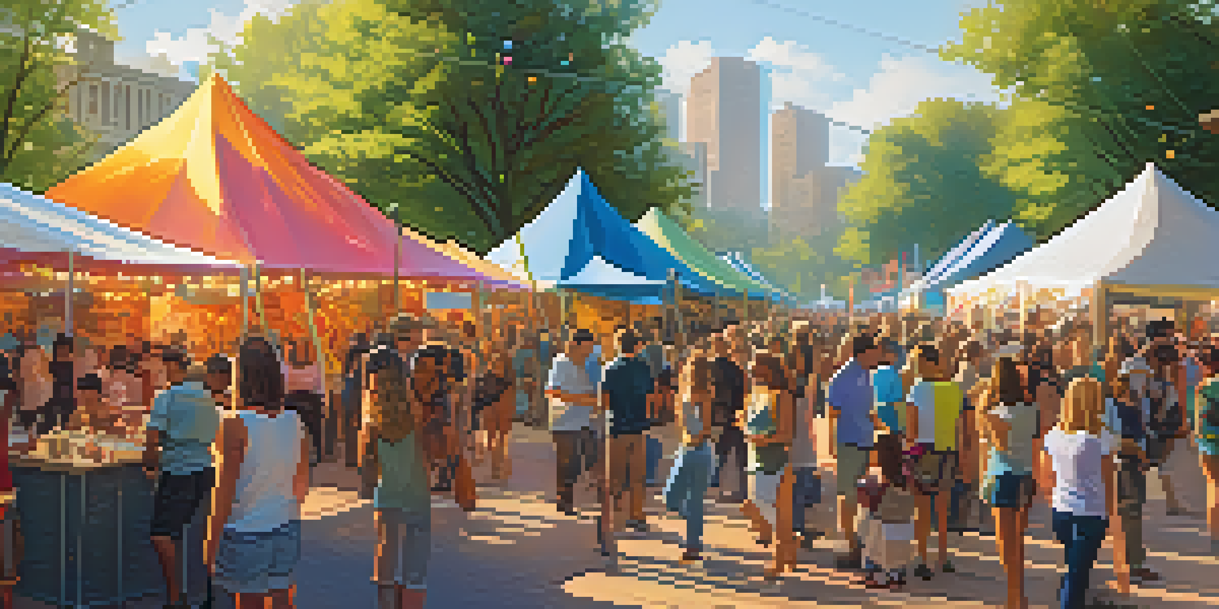 A lively outdoor music festival with diverse attendees, colorful tents, local artists, and food vendors in a sunny setting.