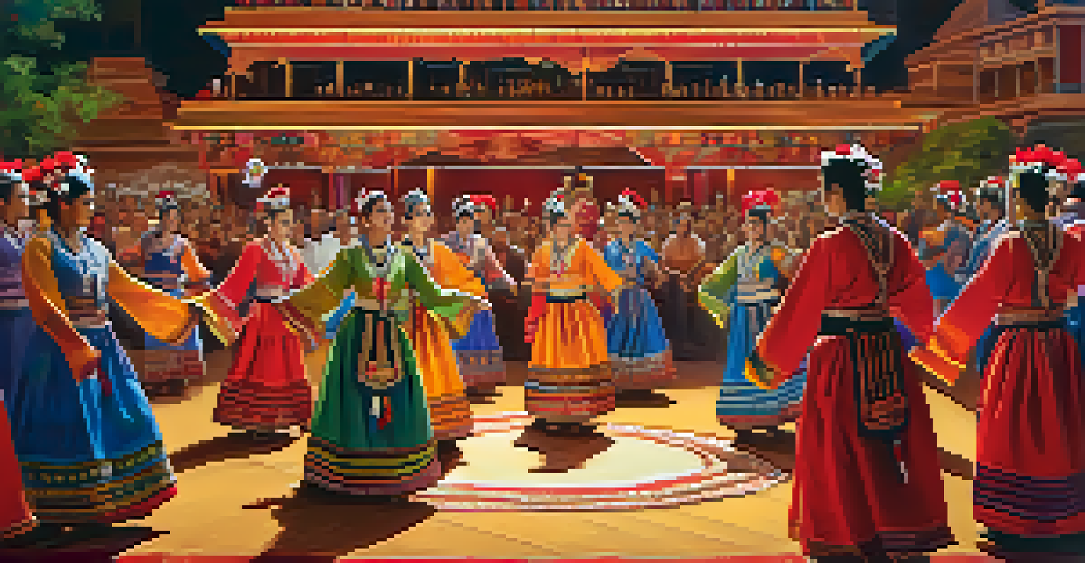Local dancers in traditional costumes performing on stage at a cultural festival, with an engaged audience and decorative background.