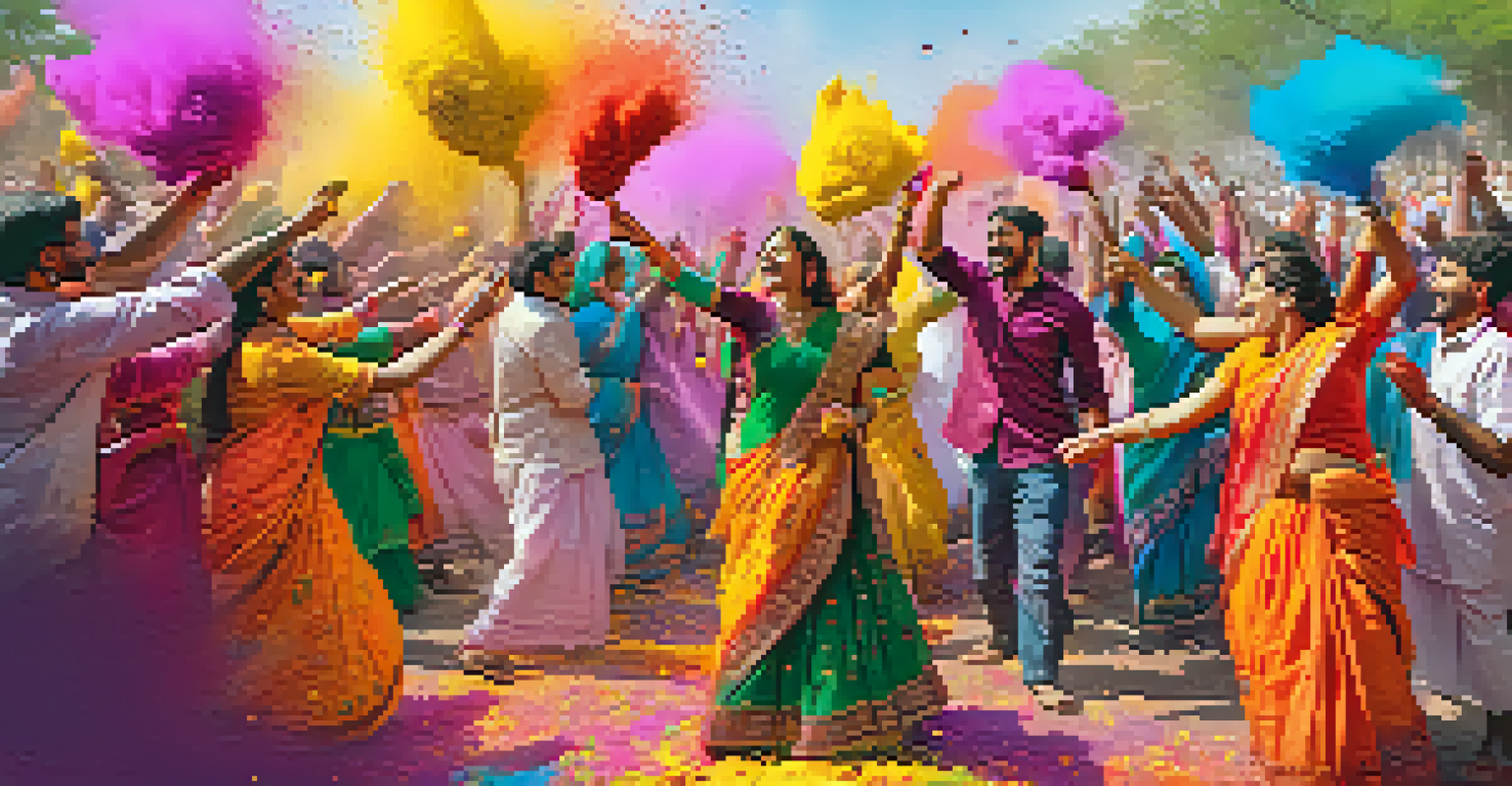 A lively Holi festival scene with people throwing colored powders, vibrant colors, and blooming flowers in the background.