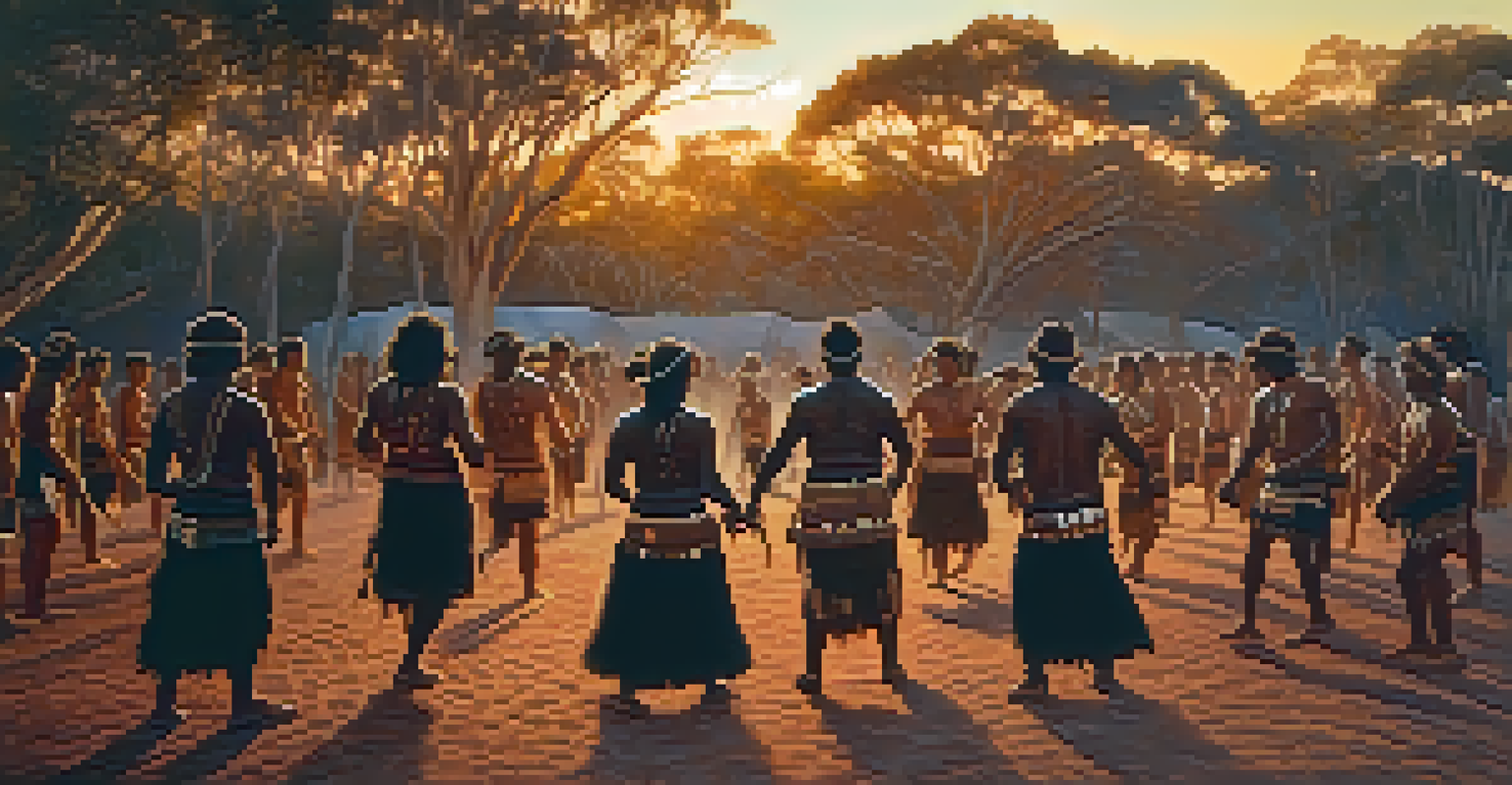 Aboriginal performers dancing in traditional attire during a Corroboree, with a serene dusk setting and warm lights.