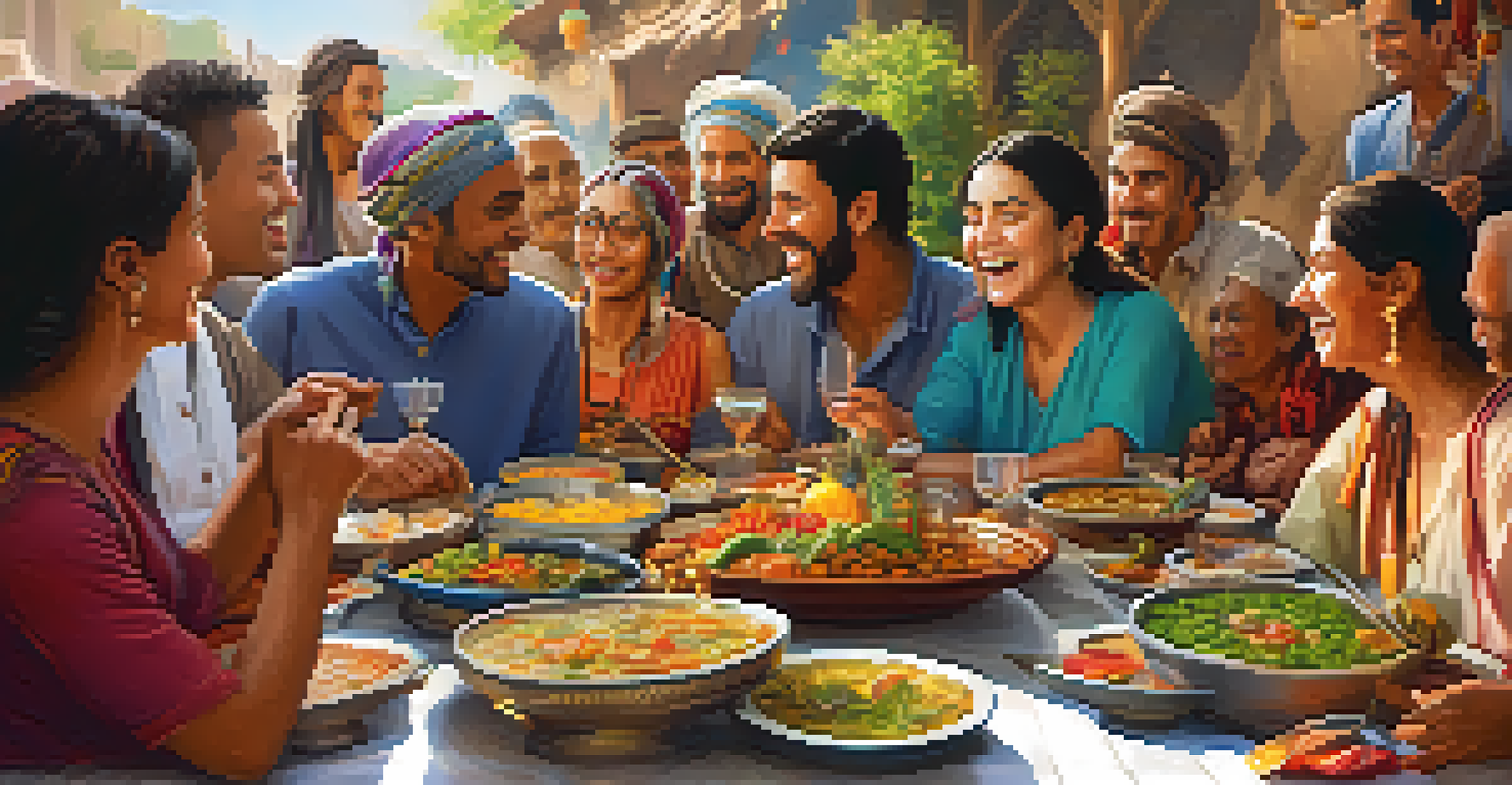 Pilgrims from different cultures sharing a communal meal, with colorful dishes and lively conversations at a long table.