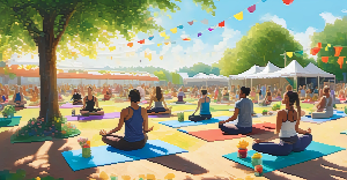 A lively outdoor wellness festival with people practicing yoga on colorful mats in a natural setting, surrounded by trees and flower stalls.