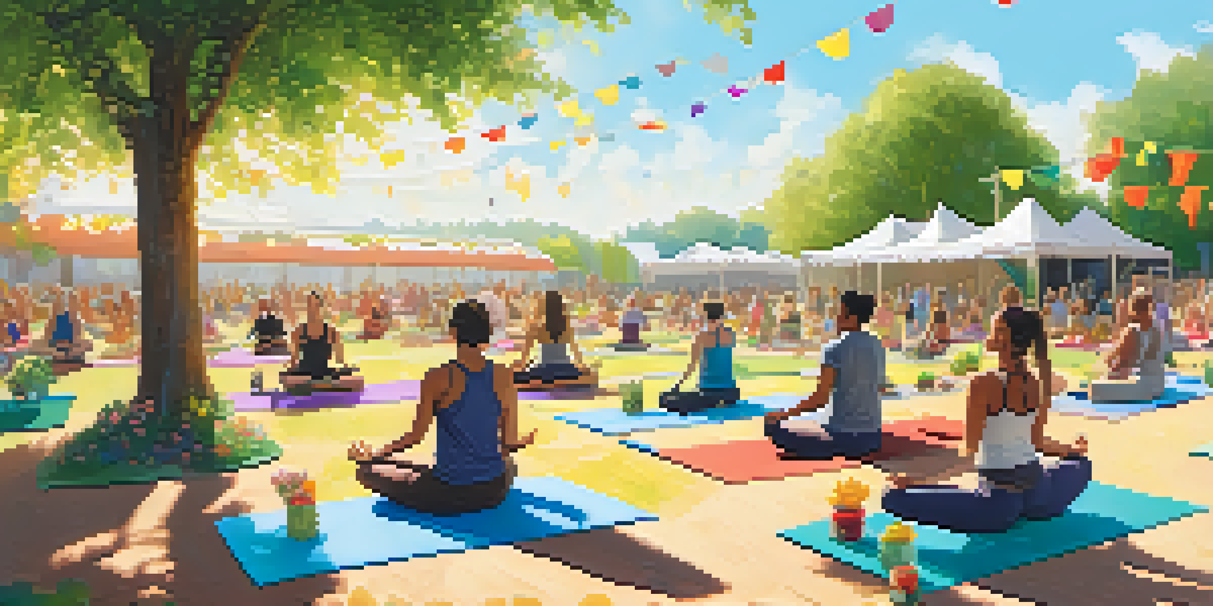 A lively outdoor wellness festival with people practicing yoga on colorful mats in a natural setting, surrounded by trees and flower stalls.