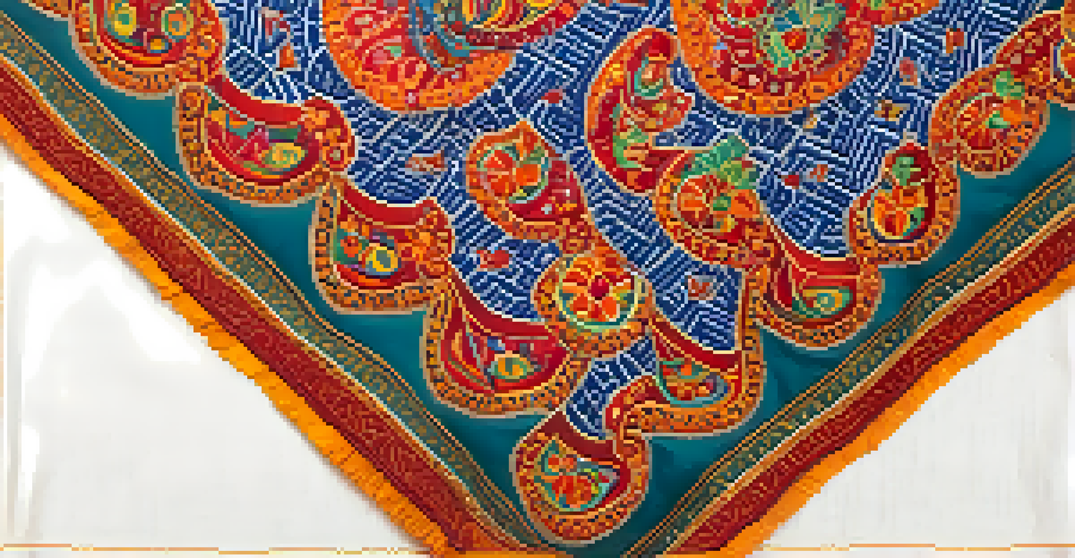 A close-up view of a vibrant Gujarati textile with intricate patterns and bright colors, showcasing its detailed embroidery.