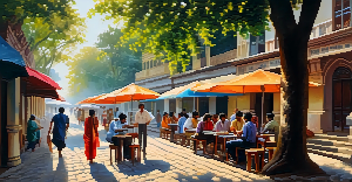 A lively street scene in Kolkata with people discussing literature outside a café, surrounded by colorful shops and trees.