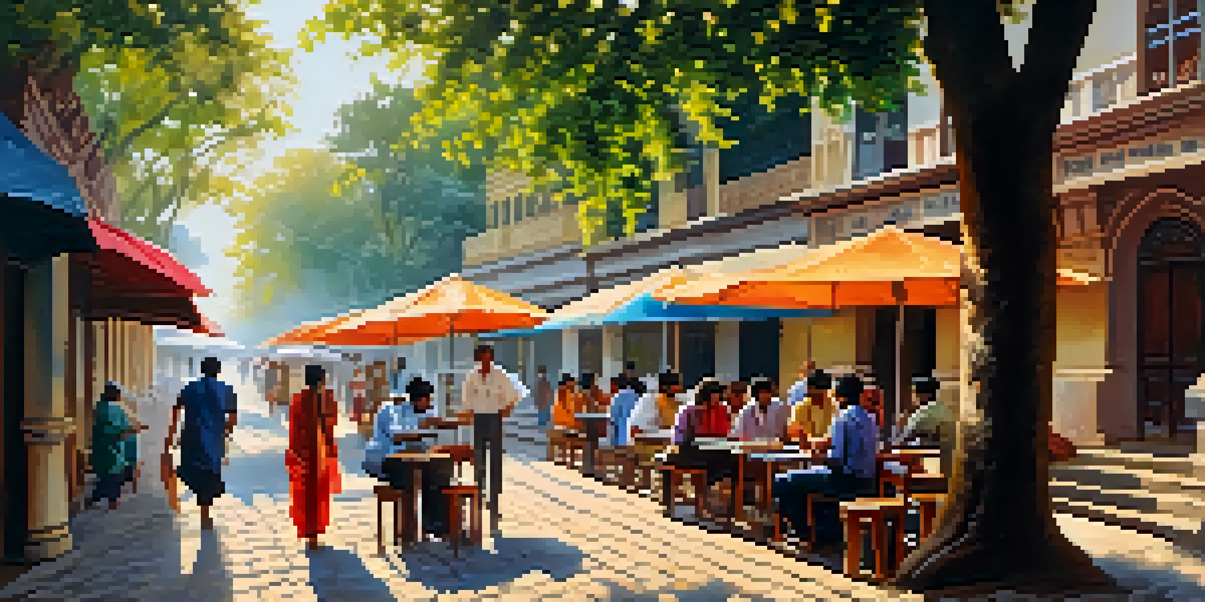 A lively street scene in Kolkata with people discussing literature outside a café, surrounded by colorful shops and trees.