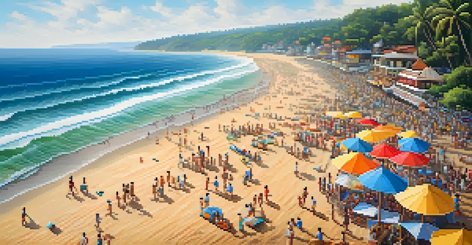 Aerial view of Varkala Beach showing families, cliffs, and water sports activities.