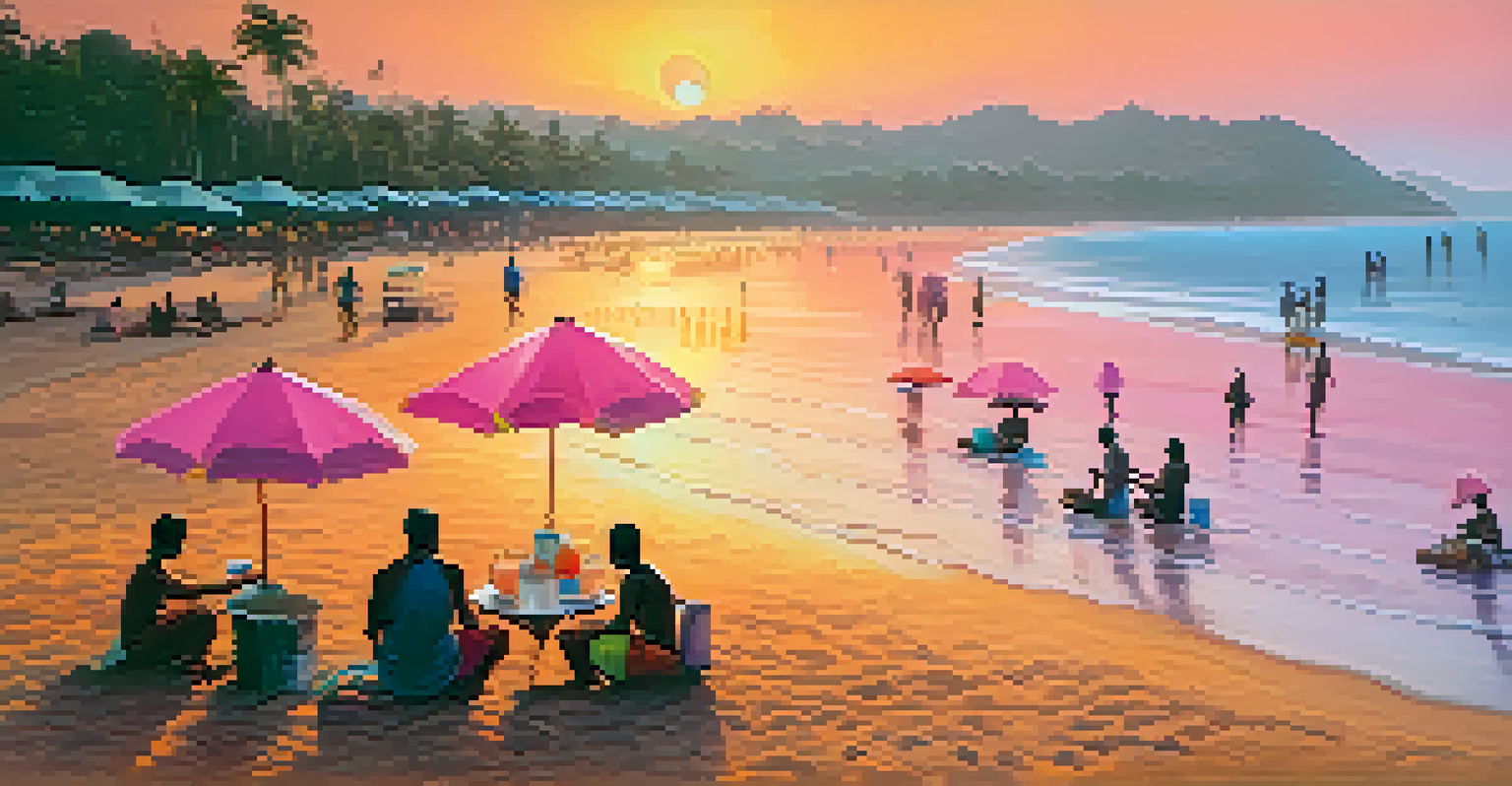 A beautiful beach in Goa at golden hour, with people relaxing under umbrellas and a vendor selling coconut water, with a colorful sky.