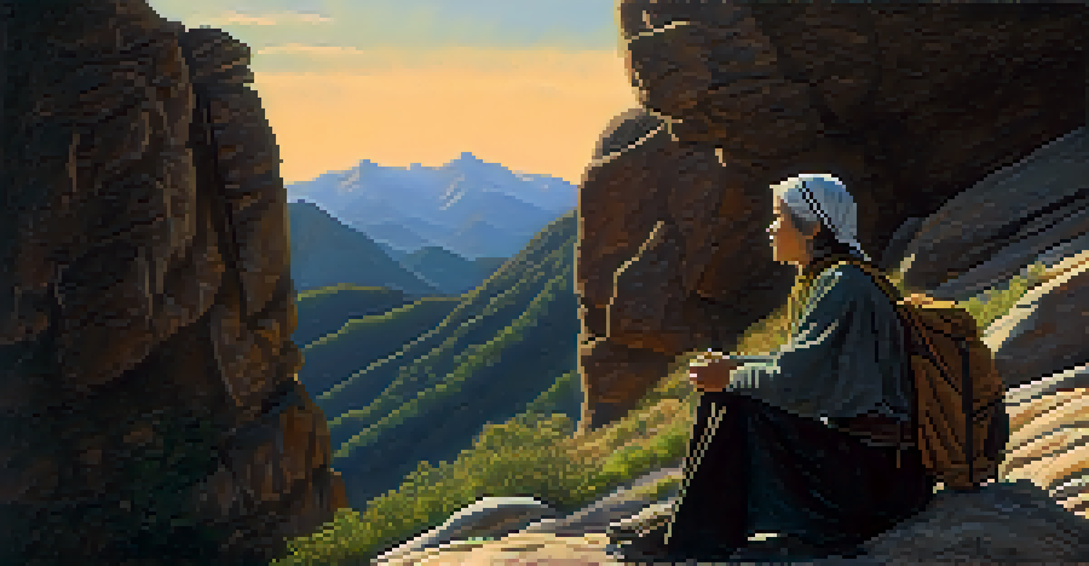 A woman meditating on a mountain during a pilgrimage, with a sunset casting golden light over the landscape.