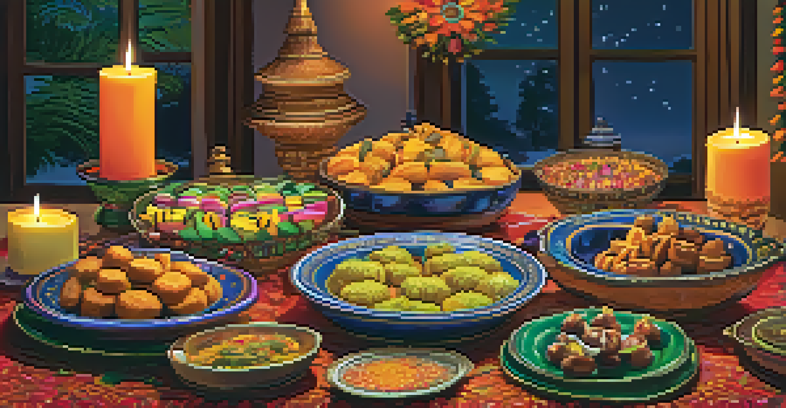 A festive table set for Diwali, filled with traditional sweets and savory dishes, illuminated by candles and colorful decorations.