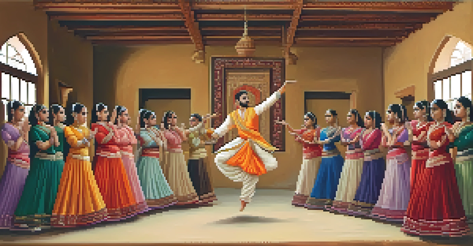 A dance instructor showcasing Kathak movements in a studio, with students attentively watching and practicing.