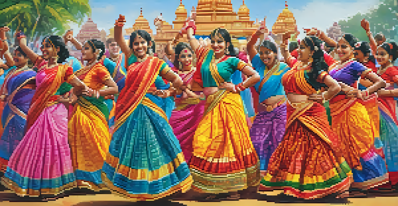 A lively local festival in South India featuring colorful traditional attire and folk dancers celebrating with joyful expressions.