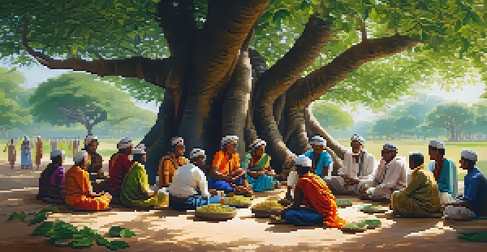 A lively gathering of villagers under a banyan tree, where elders share knowledge about herbal remedies amidst a lush green landscape.