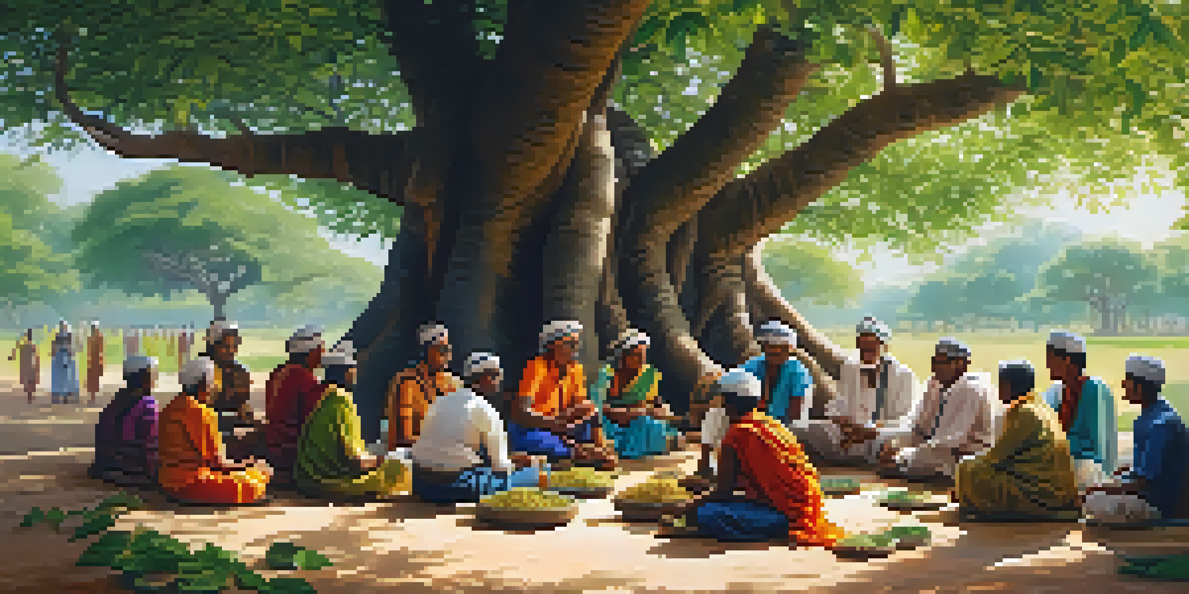 A lively gathering of villagers under a banyan tree, where elders share knowledge about herbal remedies amidst a lush green landscape.