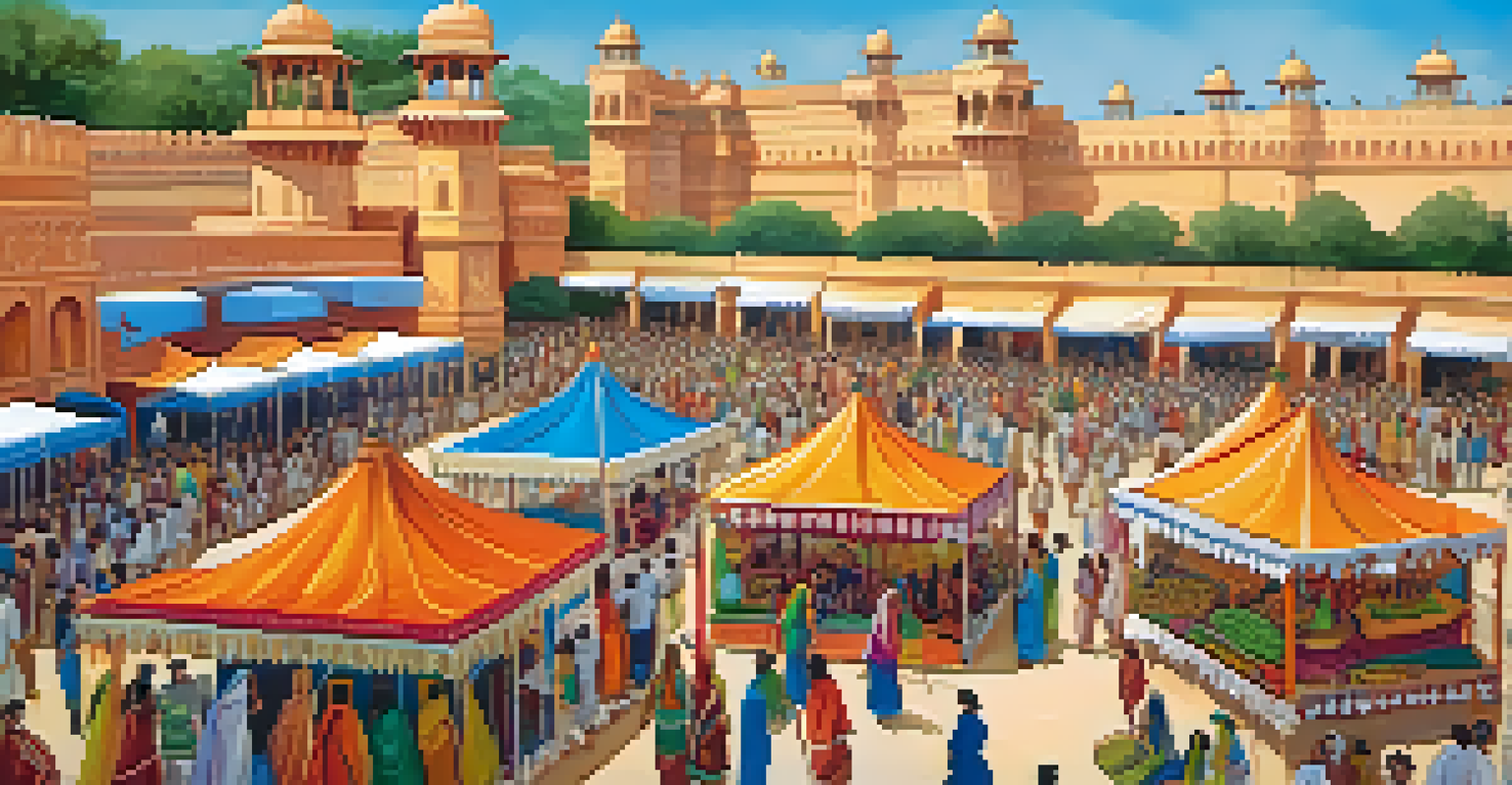 A picturesque Jaipur Food Festival with traditional Rajasthani dishes and colorful stalls set against historic forts.