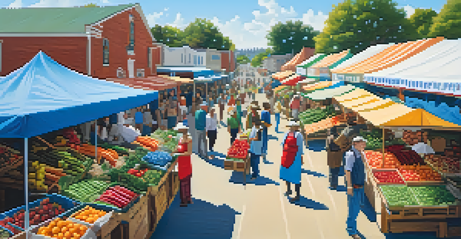 A bustling farmers' market filled with colorful heritage crops and friendly vendors interacting with customers.