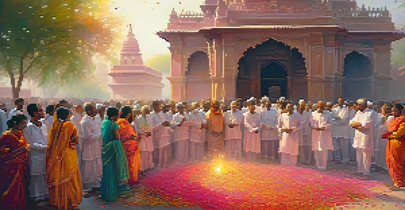 Devotees singing in front of Banke Bihari Temple during Holi in Vrindavan, surrounded by colorful decorations and petals.