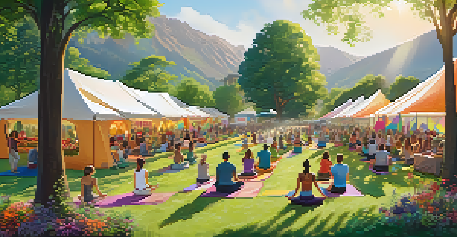 A lively outdoor wellness festival with colorful tents, people practicing yoga, and stalls of healthy food in a green park.
