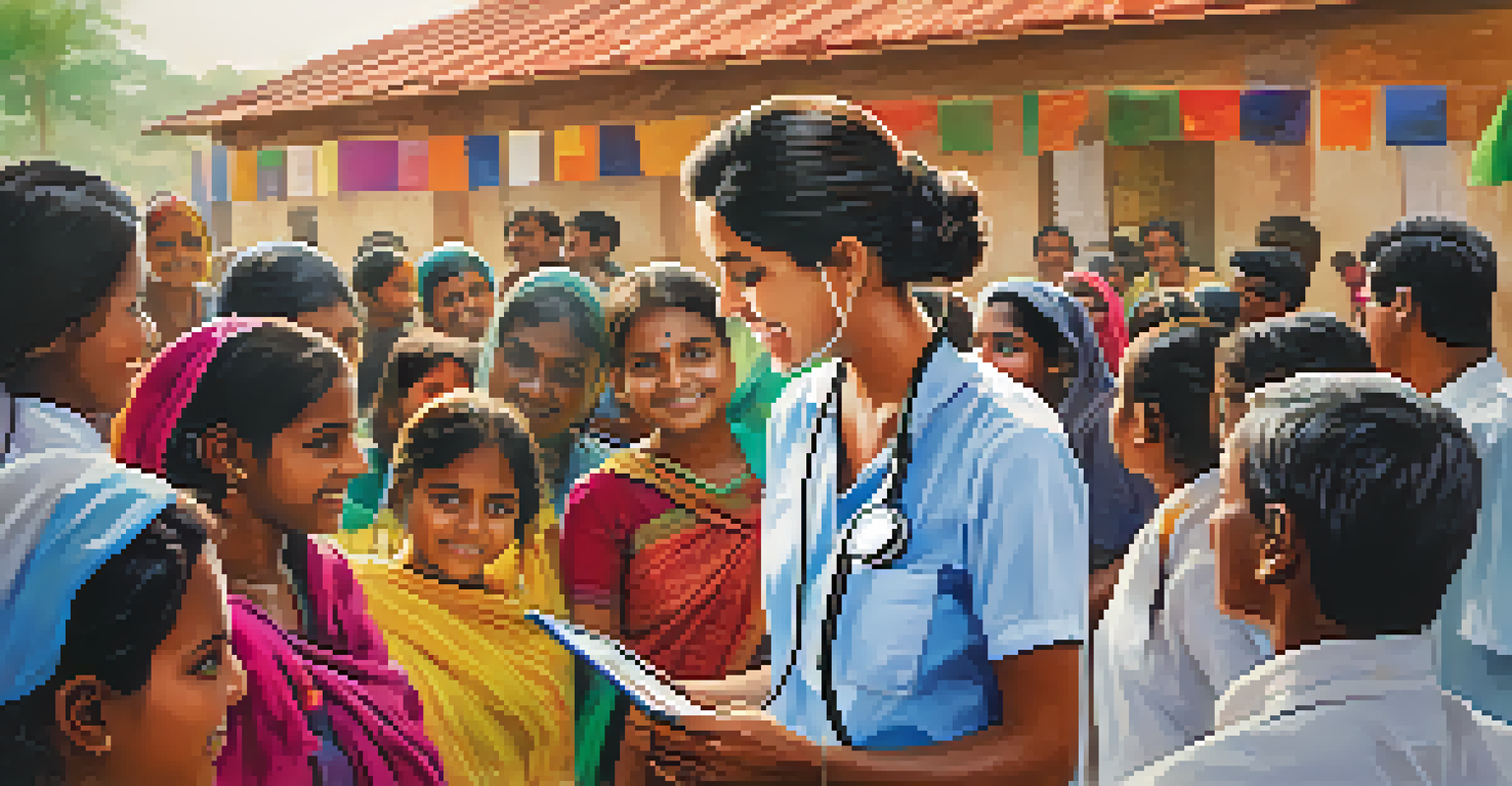 A volunteer holds a stethoscope while interacting with local community members during a healthcare camp in India, with a nurse assisting and a vibrant community center in the background.